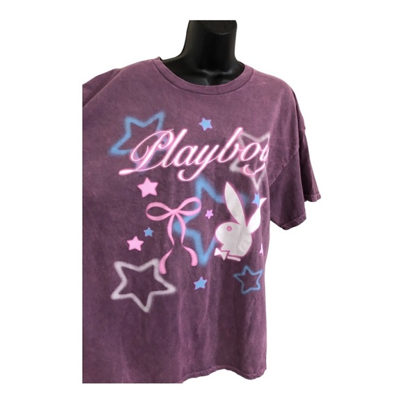 Pink mauve washed cotton blue stars Playboy bunny logo oversized t-shirt size XL - Picture 3 of 12